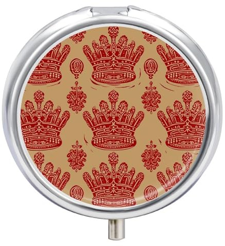 Red Crown Pillendose mit 3 Fächern, kleine Pillendose mit Spiegel für Geldbörse und Tasche, Reise-Medizin-Organizer, tägliche Medikamentenbehälter, tragbare Pillendose, Metall, Medikamentenbox, rund