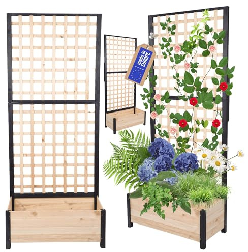 MODO24 Blumenkasten aus Kiefernholz mit Rankgitter, Pflanzkübel mit Spalier Rankhilfe, Hochbeet, Blumenkübel Outdoor Holzkiste für Garten Terrasse Balkon, 190x80x40, Natur-Schwarz Imprägniertes Holz