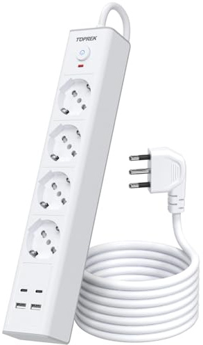 TOPREK Ciabatta Multipresa Elettrica con 4 Prese e 2 USB A 2 USB C, 2M Cavo | 1 Interruttore e 4 Universali ITA 10/16A e Schuko, 2M Cavo Spina Gomito 90° Italiana, 3680W/16A,Dotato di 2 Fascette Plastica