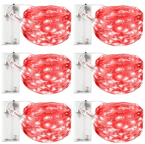 litogo 6 Stück Lichterkette Batterie Timer, 3M 30 LED Lichterkette Innen | IP65 Wasserdicht Kupferdraht, Lichterketten Batteriebetrieben (AA Batterie) für Party Hochzeit Weihnachten Deko, Rot
