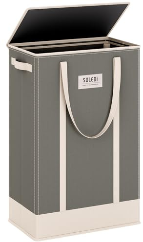 SOLEDI 53L Slim Laundry Basket with Lid, Narrow Laundry Hamper with Handles, Collapsible Washing Basket Clothes Bin Perfect for Compact Spaces like Bedrooms, Bathrooms, Dorms, RVs (Grey)