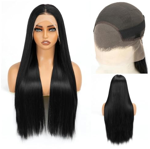 TYXHXTF 28 Pulgada/70 cm Largo Peluca Negro Recta Disfraz de fibra sintética resistente al calor, Lado Monocromático Longitud de Pelo Recto de Alta Temperatura Fibra Pelucas de Moda Fiesta