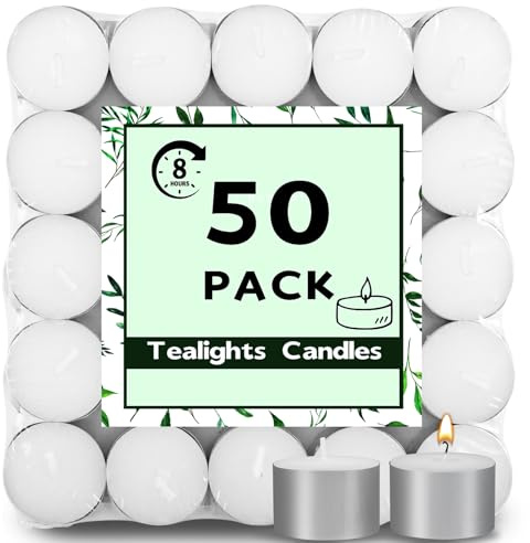 Tczecoo 50 Stück Teelichter, Teelichter Weiß | Teelichter Mit 8 Stunden Brenndauer, Unbeduftete and Rußfrei Teelichte für Hochzeit Dekoration Party