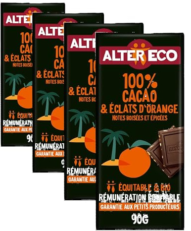 ALTER ECO - Tablette Chocolat Noir 100% Cacao et Orange - Bio & Équitable - 90 g