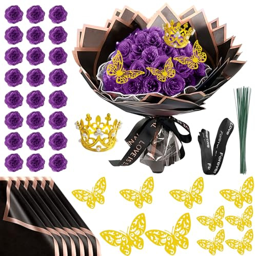 24 ramos de rosas artificiales con purpurina para el día de San Valentín, ramo de rosas artificiales con corona para regalos, bodas, aniversarios, compromisos, cumpleaños, día de la madre (morado)