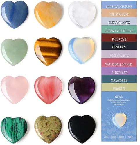Juego de piedras preciosas de cristal natural, 12 piedras de bolsillo pulidas mixtas, rocas decorativas en forma de corazón y pulgar, meditación reiki, yoga, piedras preciosas espirituales de bolsillo