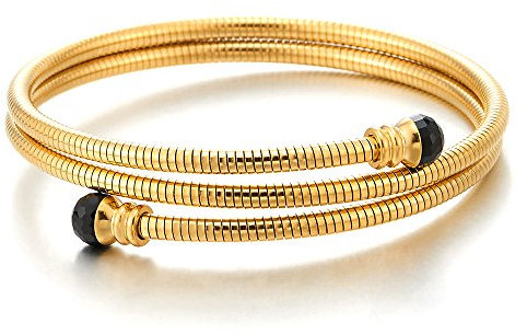 COOLSTEELANDBEYOND Zwei Runden Edelstahl Gold Stahlkabel Armband Armreif mit Schwarzen Zirkonia Charme, Damen Herren