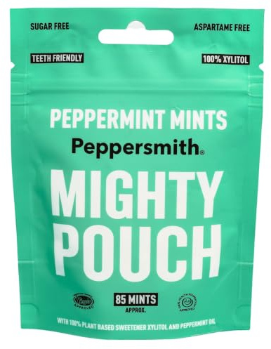 Peppersmith Peppermint Mints - Xylitol Mighty Pouch - 85 Mints - 50g | Sugar-Free Sweets, Aspartame-Free, Vegan, Low-Carb, Diabetic, Keto-Friendly, Freshens Breath, Sugarless