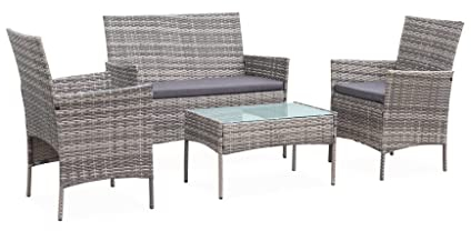 Alice's Garden - Gartengarnitur aus Polyrattan - Moltès - Grautöne, graue Kissen - 4 Plätze - 1 Sofa, 2 Sessel, EIN Couchtisch