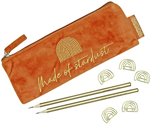 Papierdrachen Mäppchen aus Samt - Elegantes Federmäppchen in rost mit motivierendem Spruch, 2 Bleistifen und 5 goldenen Paper Clips Uni und Schule | Set Nr 4