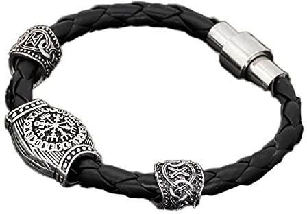 DFWY Viking Vegvisir Compass Rune Beads Geflochtenes Armband Aus Leder, Handgefertigtes Irland Knoten Totem Amulett Armreif, Nordische Mythologie Keltisches Heidnisches Slawisches Zubehör