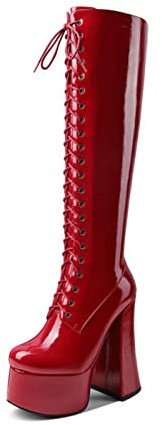 MGYQ Tubo Lungo Alta Stivali Donna Alti Plateau Zeppa Stringata Stivali sopra al Ginocchio Tacco Alto con Cerniera Laterale Quadrati Stivali Tacco A Blocco,Rosso,42 EU