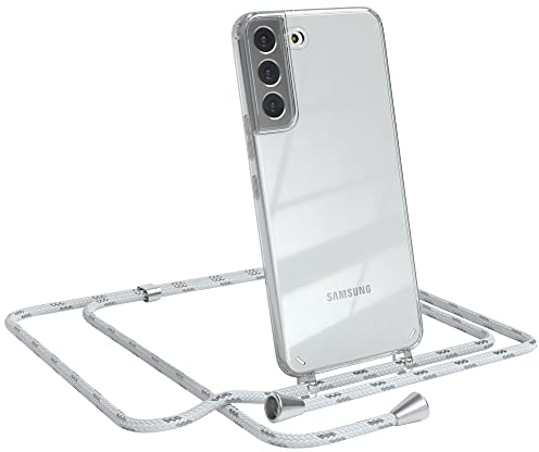 EAZY CASE Handykette kompatibel mit Samsung Galaxy S22 Plus 5G Handyhülle mit Umhängeband, Handykordel mit Schutzhülle, Silikonhülle, Hülle, Stylische Kette für Smartphone, Weiß/Silber