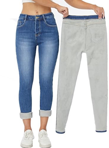 Yehopere Jean d'hiver doublé en Polaire pour Femme, Coupe ajustée, Chaud, Taille Haute, Taille L