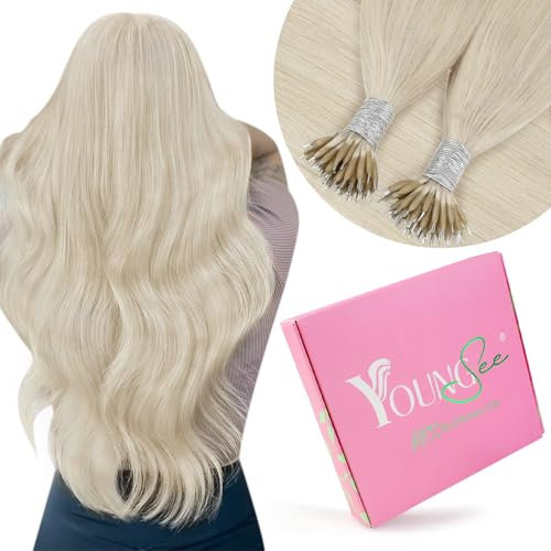 YoungSee Nanoring Extensions Echthaar Blond 40cm Nano Ring Extensions Platin Blond Nano-Haarverlangerung Kaltblond Nano-Tip Haarverlängerungen 50 Strange/50g #60A