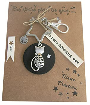 Porte clé clef Porte bonheur Bijou de sac Chat Animaux Etoile Trèfle à quatre 4 feuilles Maman Ami Mamie Grand-mère Argenté/Argent Noir Cuir Cadeau Noël Original Anniversaire Collection