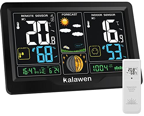 Kalawen DCF Stazione meteo radio con sensore esterno,display digitale a colori,con previsioni meteo,funzionamento a batteria e funzionamento a rete
