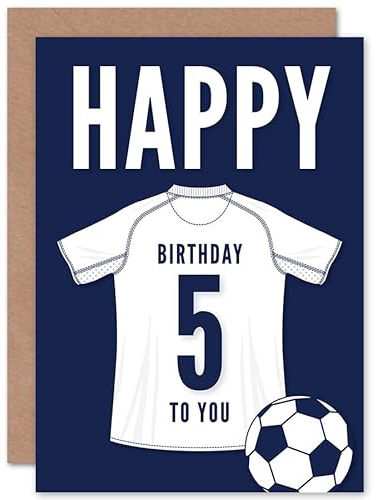 Artery8 Soccer Football 5th Birthday Card for Boys Girls White Jersey Football Top on Dark Blue Background