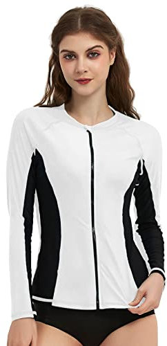 LilyCat Camiseta de protección solar para mujer, UPF 50+, manga larga, con cremallera frontal, protección solar UV, camiseta de natación para mujer, Blanco Negro, Large