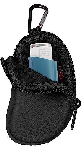 MEDMAX Neopren Tasche für Asthma Inhalator, Tragetasche mit Karabinerhaken und Netztasche innen, Reise-Holster Halter für L-förmigen Asthma-Inhalatoren (Schwarz)