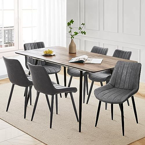 CLIPOP Essgruppen Esstisch Ausziehbar mit 6 Kunstleder Stühlen Set,120-160 cm Holztisch Küchentisch mit Gepolsterter Esszimmerstuhl Speisetisch Polsterstuhl für Esszimmer Küche(Walnuss+Grau)