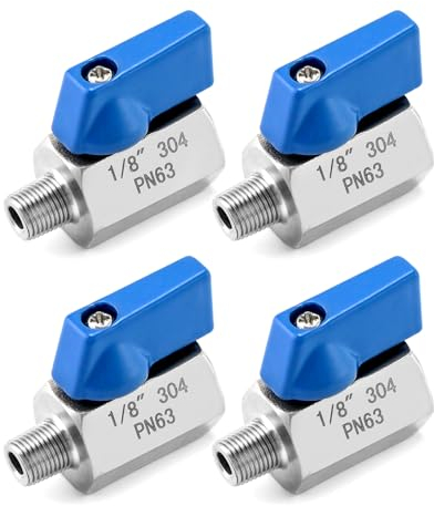 QWORK Mini-Kugelhahn, 4 Stück, 0,3 cm NPT-Gewinde weiblich und männlich, 304 Edelstahl, Absperrventile