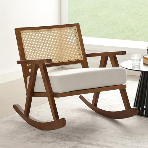 Wahson Schaukelstuhl Holz Schaukelsessel Rattan geflochtene Rückenlehne, Akzentstuhl Loungesessel mit Leinen für Kinderzimmer/Wohnzimmer,Walnuss