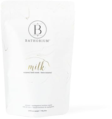 Bathorium Milk Mineral Bath Soak, Made with Coconut, Dead Sea Salt & Vanilla Bean CO2, Ideal for Hydration, pH Balanced Coconut Scented Bath Soak for Women, Approximately 5 Baths, 23 oz