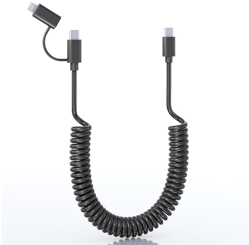 Yeemie USB C auf USB C und Lightning Spiralkabel 2 in 1 Carplay Kabel, 60W Schnellladen Datenübertragung und MFi Zertifiziert Kurz Spiral Lightning USB C Adapter für iPhone, Android, iPad, MacBook
