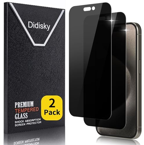 Didisky 2-Unidades Privacidad de Cristal Templado Protector de Pantalla para iPhone 15 Pro Max 6,7, Anti-voyeur, Antihuellas, Sin Burbujas, Fácil de Limpiar, 9H Dureza