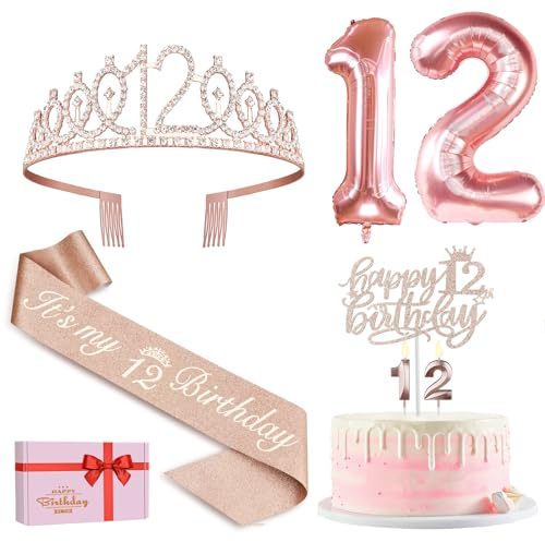 12. Geburtstag Mädchen Deko, 12. Geburtstag Krone und Schärpe, Happy Birthday Tortendeko Kerzen, Luftballons Rosegold, Geschenke für Mädchen 12 Jahre