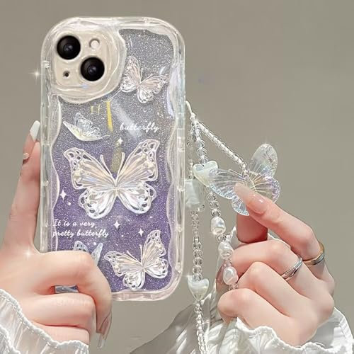 Custodia Morbida Silicone Trasparente Compatibile con iPhone 7/8/SE 2020/SE 2022 Cover Carta Glitter Motivo Farfalla Telefono Catena Opzionale Antiurto con Bordo Crema