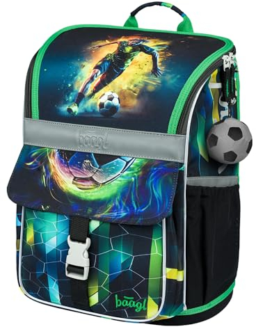 Baagl Schulranzen Jungen für 1. Klasse - Ergonomische Schultasche für Kinder - Schulrucksack mit Brustgurt - Grundschule Ranzen Tornister (Fußballspieler)