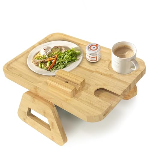 QYSaiXuan Sofatablett, Holz Armlehne Couchbar Flexibel Snackbox mit Anti-Rutsch Kork Pad, 33x23cm Tablett für Sofa mit Drehbarem Handyhalter, Sofa Organizer für Snacks Handy Tassen