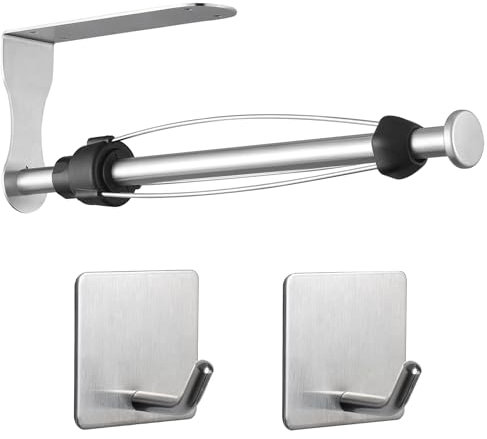 Eolax Küchenrollenhalter mit Dämpfungseffekt, Rollenhalter mit 2 Haken, Rollenhalter unter dem Küchenschrank, Geeignet für die Küche, Selbstklebend Oder Wandmontage mit Bohrlöchern, Gebürstetes Nickel