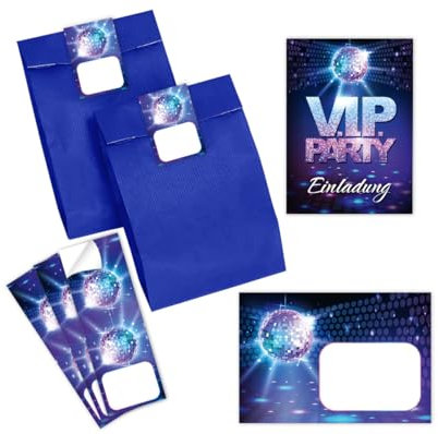 12 Einladungskarten incl. 12 Umschläge zum Geburtstag Hochzeit Jubiläum Kindergeburtstag VIP Disco Jungen Mädchen Jungendliche Erwachsene Einladung incl. 12 Umschläge, 12 Tüten/blau, 12 Aufkleber