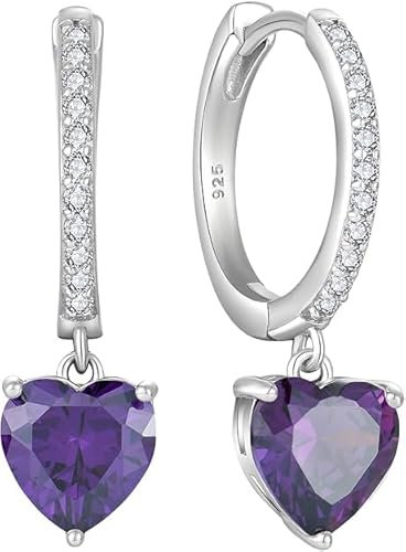 Starchenie Ohrringe 925 Sterling Silber für Damen Creolen mit Zirkonia Herz Amethyst Geburtsstein Hängend Hypoallergen Kreolen Hängeohrringe