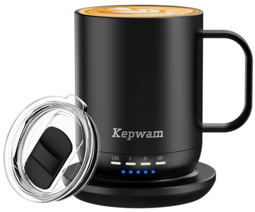 Kepwam 14oz Self-Heating Smart Mug, Black Ceramic & Stainless Steel, Touch & App Controlled, 180 Min Battery Life, Perfect for Home & Travel