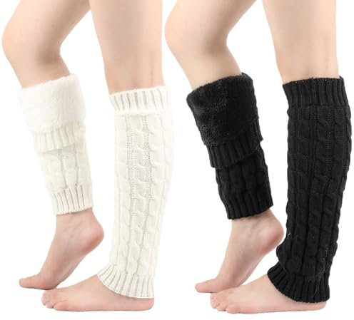 QKURT 2 Pairs Ladies Leg Warmers Fluffy Leg Warmer Winter Knitted Long Fleece Leg Warmers Knee High Stockings for Women Girls, White & Black