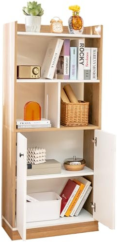 SFAREST Wooden 4-Tier Bookcase, Freestanding Display Unit and Organizer Cabinet with 2 Doors, Open Shelves & Anti-Toppling Devices, 140cm Tall Bookshelf for Living Bedroom Office