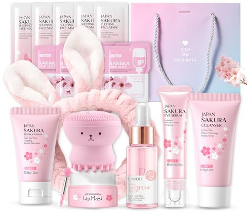 Sakura Sakura Gesichtspflege Set 11pcs Feuchtigkeit Hautpflege Sets-Serum, Gesichtscreme,Reiniger,Toner,Augenserum, Mask,Schlammmaske, Geschenke Set für Gesicht Reinigung & Pflege (Rosa lila)