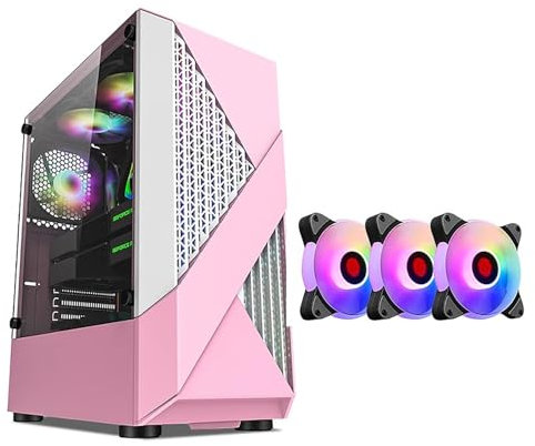 Computer Case Tempered Glass Mid-Tower ATX Case - High-Airflow - Cable Management System - USB 3.0 - Strong Heat Dissipation - Includes RGB Fan - Pink(8FAN)