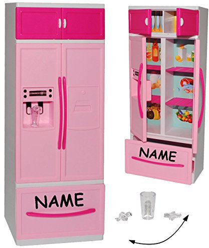 Kühlschrank mit Eiswürfelspender/Gefrierschrank - incl. Name - für Puppenhaus - Miniatur für Puppenstube - passend für alle gängigen Modepuppen - Plastik / ..
