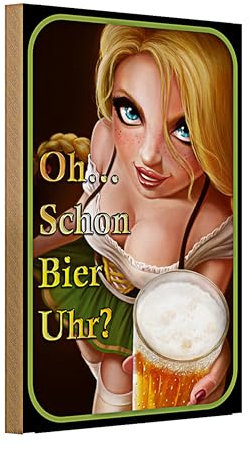 Roomando Bier Uhr Holzschild mit animierter Blondine | Perfekt für Bar & Küche | Lustiges Geschenk für Bierliebhaber | 20 cm x 30 cm
