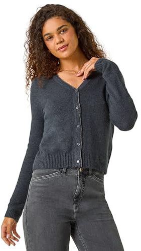 Roman Originals Shimmer V-Neck Ribbed Cardigan for Women UK - Ladies Everyday Autumn Winter V-Neckline Comfy Soft Evening Vacation Work Party Night Out - Dark Grey - Size M
