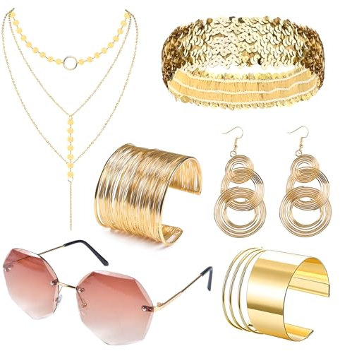 UieaMsio 7 Stück 70er Disco jahre accessoires Set, Goldenes Ohrringe Halskette Set Disco kostüm zubehör, Kostüm Glitzer Haarbänder Disco Haarband Sonnenbrille, für Frauen Mädchen Cosplay