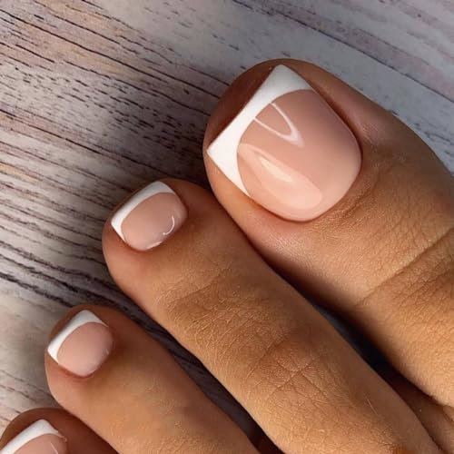 SXVME White French Tip Press on Toes Nails Short Square, Natural Nude Fake Toe Nails Glue on, Toe Press on Nails for Women, Glossy Gel ToeNails Acrylic for Decoration 24 Pcs