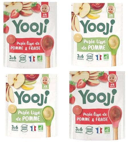 Yooji - Duo Purée lisse pomme & pomme fraise bio – 12 desserts bébé sans sucre ajouté dès 4 mois - Lot 4x300g