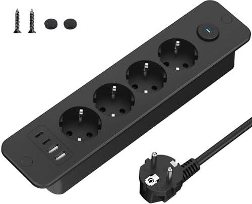 Steckdosenleiste USB, Versenkbare Steckdose Tischplatte Steckdose 4 Fach mit USB C Einbausteckdose(3680W 16A) Mehrfachsteckdose 4 USB mit 2M Kabel für Tische und Möbel, Sofatisch-Schwarz