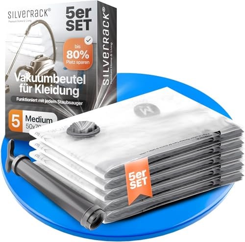 SilverRack Vakuumbeutel für Kleidung, Vakuumierbeutel Bettdecken, Reise | Vacuum Bags, Aufbewahrung Kleiderbeutel, Kompressionsbeutel - 5 Vakuumtüten Medium: 50x70 cm, mit Handpumpe & Etiketten
